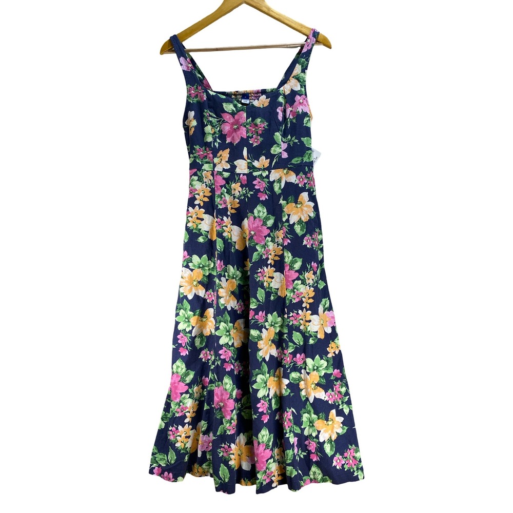 Old Navy Womens Linen Blend Floral Midi Dress Navy Blue Smocked Back Size M NEW